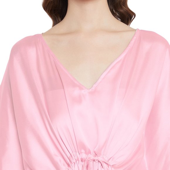 Women's Pink Satin Night Dress Kimono Kaftan Solid Caftan Cover up Maxi Dresses - Picture 8 of 10